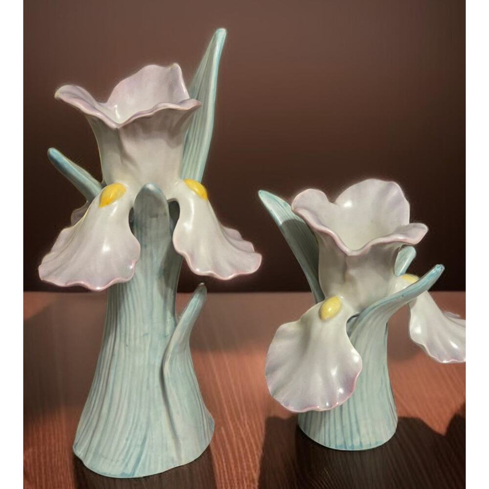 Fitz and Floyd Purple Iris Candle Holder Set Porcelain Vintage 1985